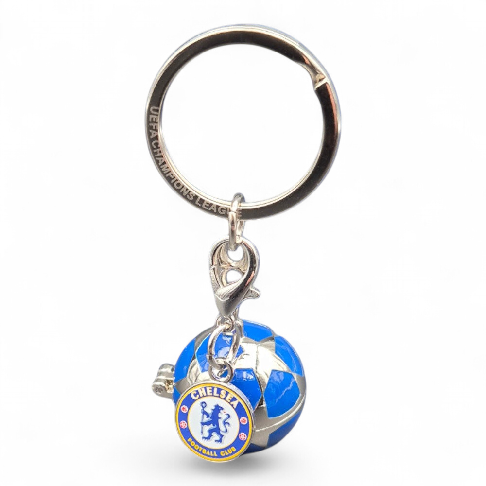 Am Ball UEFA Champions League Starball Schlüsselanhänger mit Chelsea FC Logo und 3D-Trophäe aus Zamak und Emaille