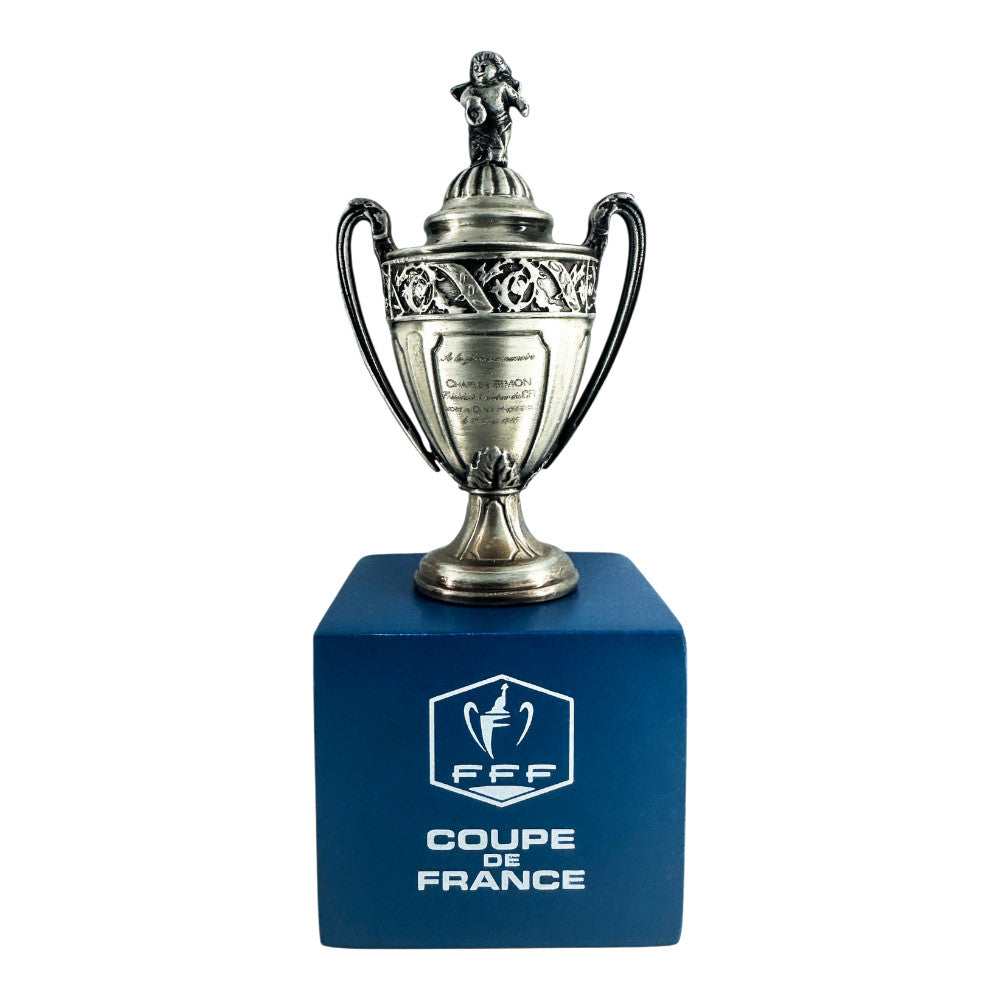 Official Coupe de France miniature trophy replica – silver cup on blue FFF Fédération Française de Football base