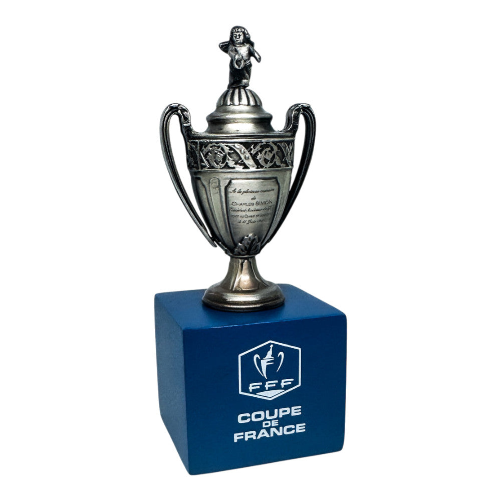 Official Coupe de France miniature trophy with FFF logo pedestal – detailed side view