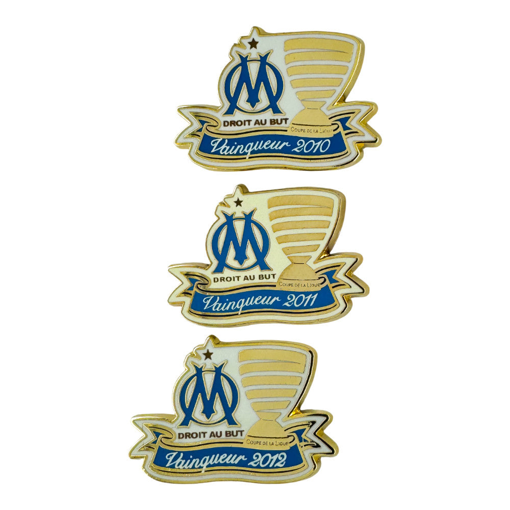Olympique Marseille – Pin-Set Vintage „Champions Coupe de la Ligue 2010, 2011, 2012“ (3er-Set)