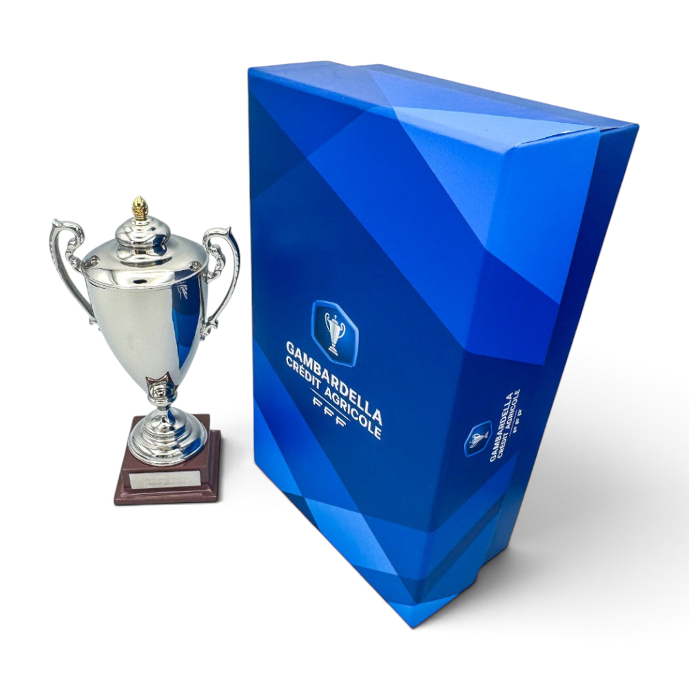 Am Ball Coupe Gambardella Trophäen-Nachbildung aus Metall auf Holzsockel mit offizieller blauer FFF-Geschenkbox