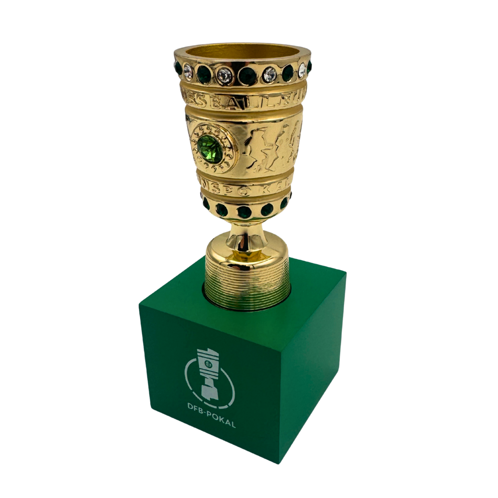Right angle view of DFB Pokal trophy replica on 70mm premium acrylic base - trophy showcase detail