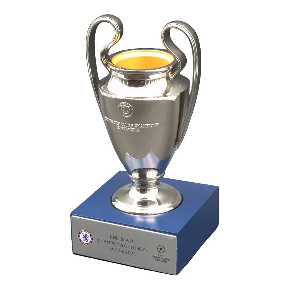 Silver trophy with two handles on a white background