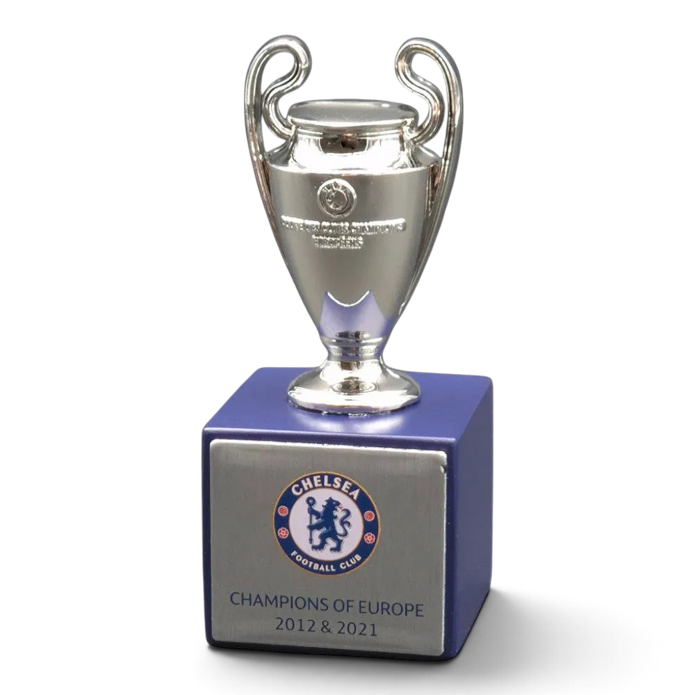 Silver trophy with a blue base featuring Chelsea Football Club logo on a white background
