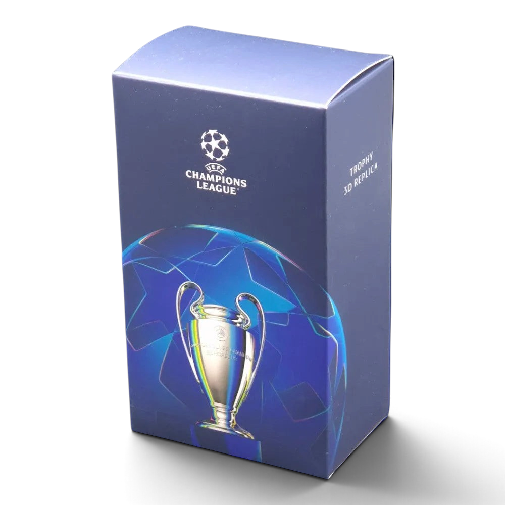 Blue packaging box with Champions League logo and trophy design on a white background
