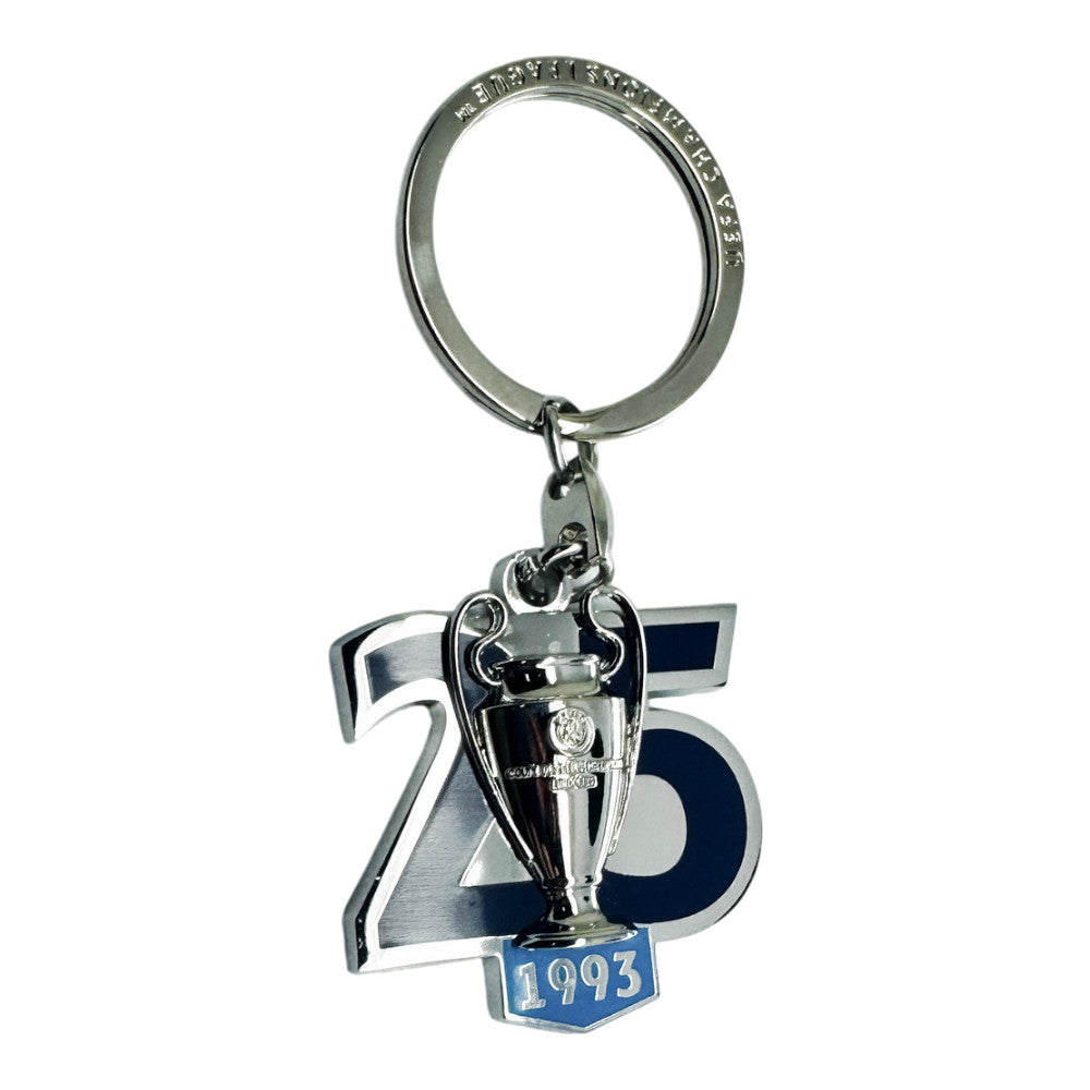 UEFA Champions League keychain with silver trophy and "25 Years – 1993" Olympique Marseille anniversary emblem