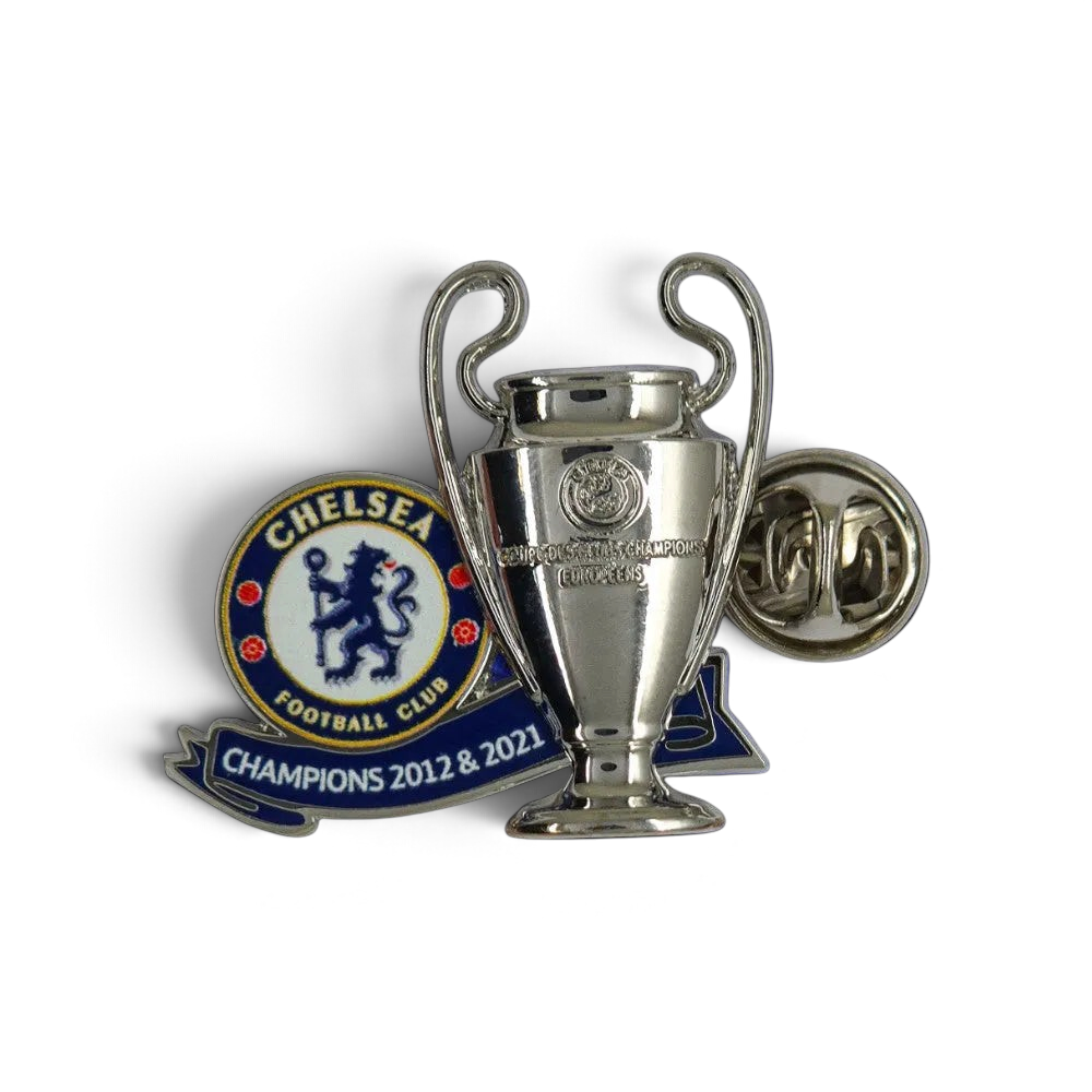 Silver trophy with Chelsea Football Club badge on a white background