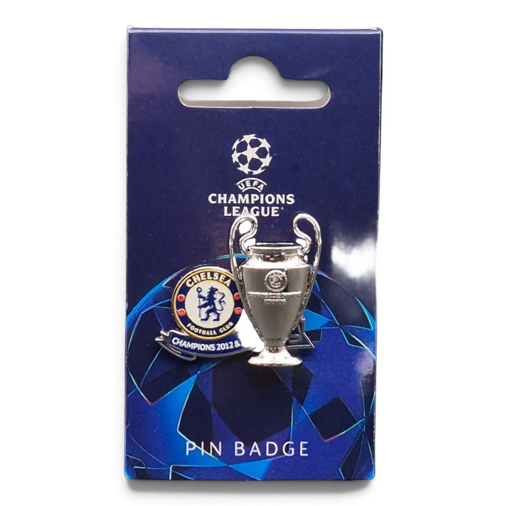 Pin badge packaging featuring UEFA Champions League and Chelsea FC logos on a white background
