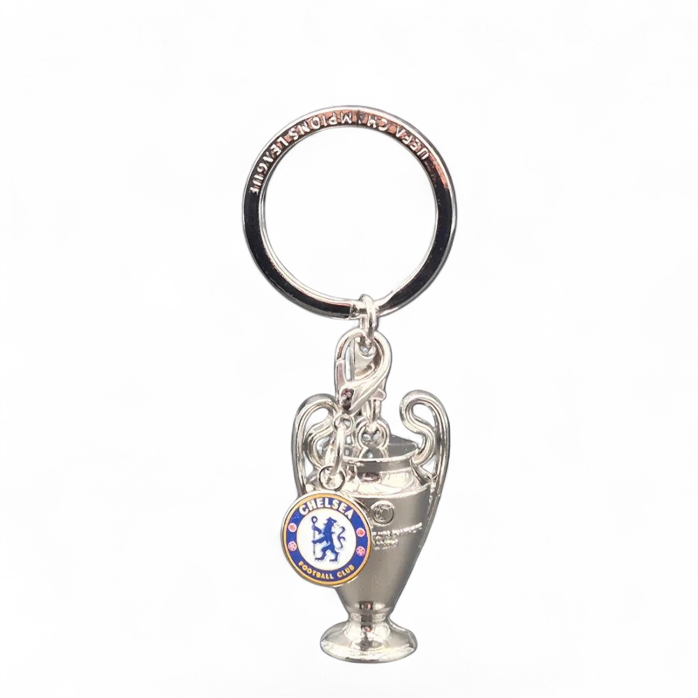Silver keychain with a trophy design on a white  background