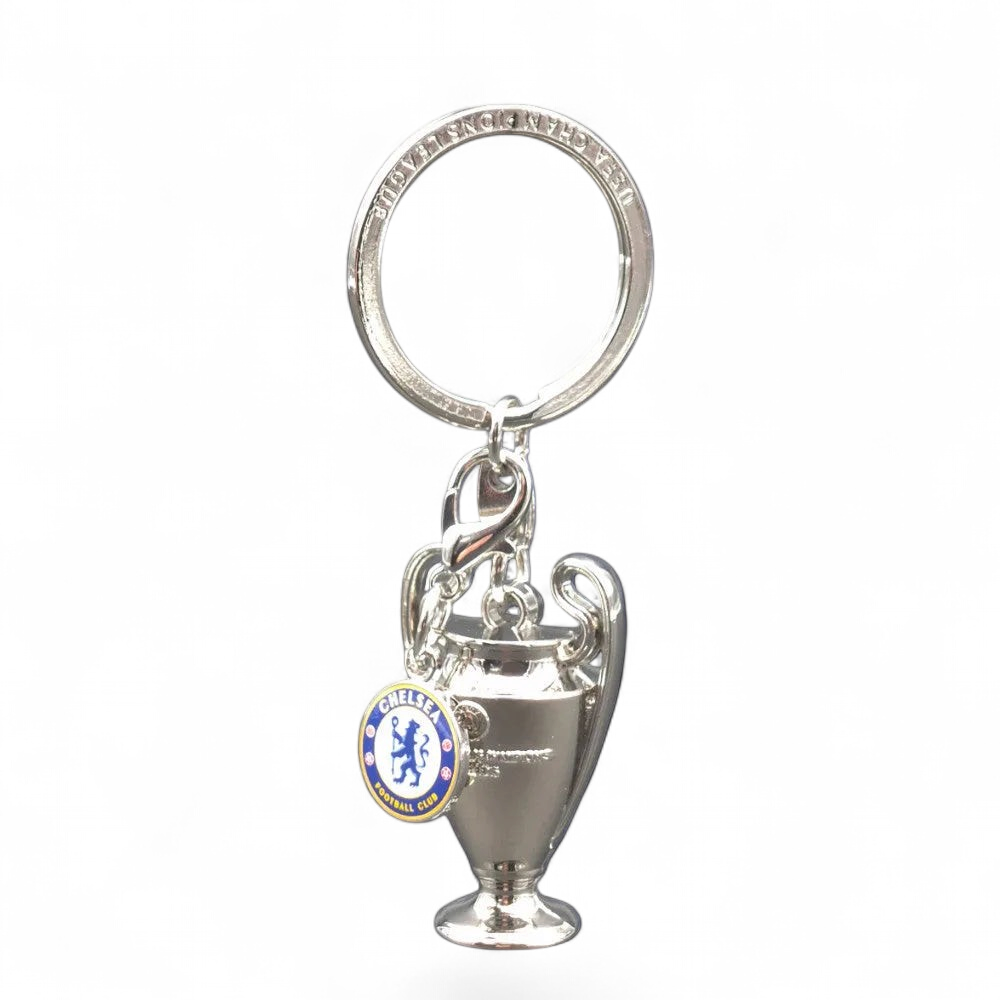 Silver trophy keychain with a badge on a white background