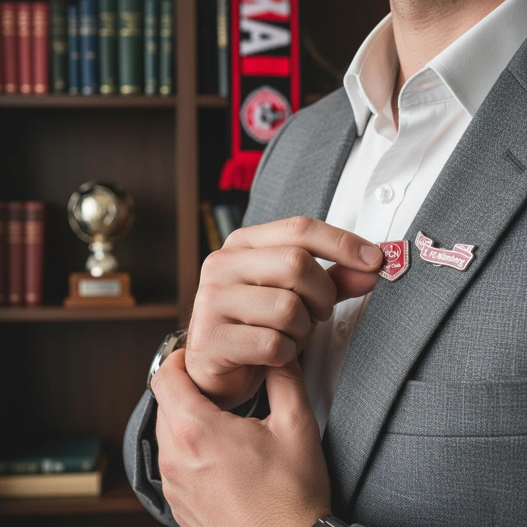 Am Ball 1. FC Nürnberg Pin-Set aus Metall in Rot und Weiß, befestigt am Revers eines grauen Sakkos.