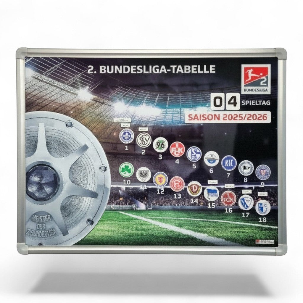 Am Ball 2. Bundesliga Saison 2025/26 Magnet-Tabelle mit 18 Vereinslogos und Spieltagsmarkern. Offiziell lizenziert.