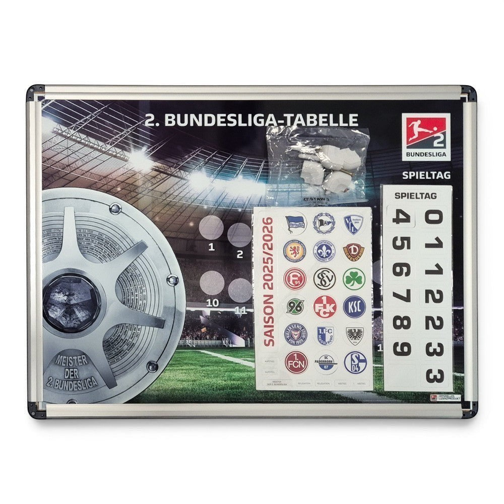 Am Ball 2. Bundesliga Saison 2025/26 Magnet-Tabelle mit 18 Vereinslogos, Spieltagsmagneten