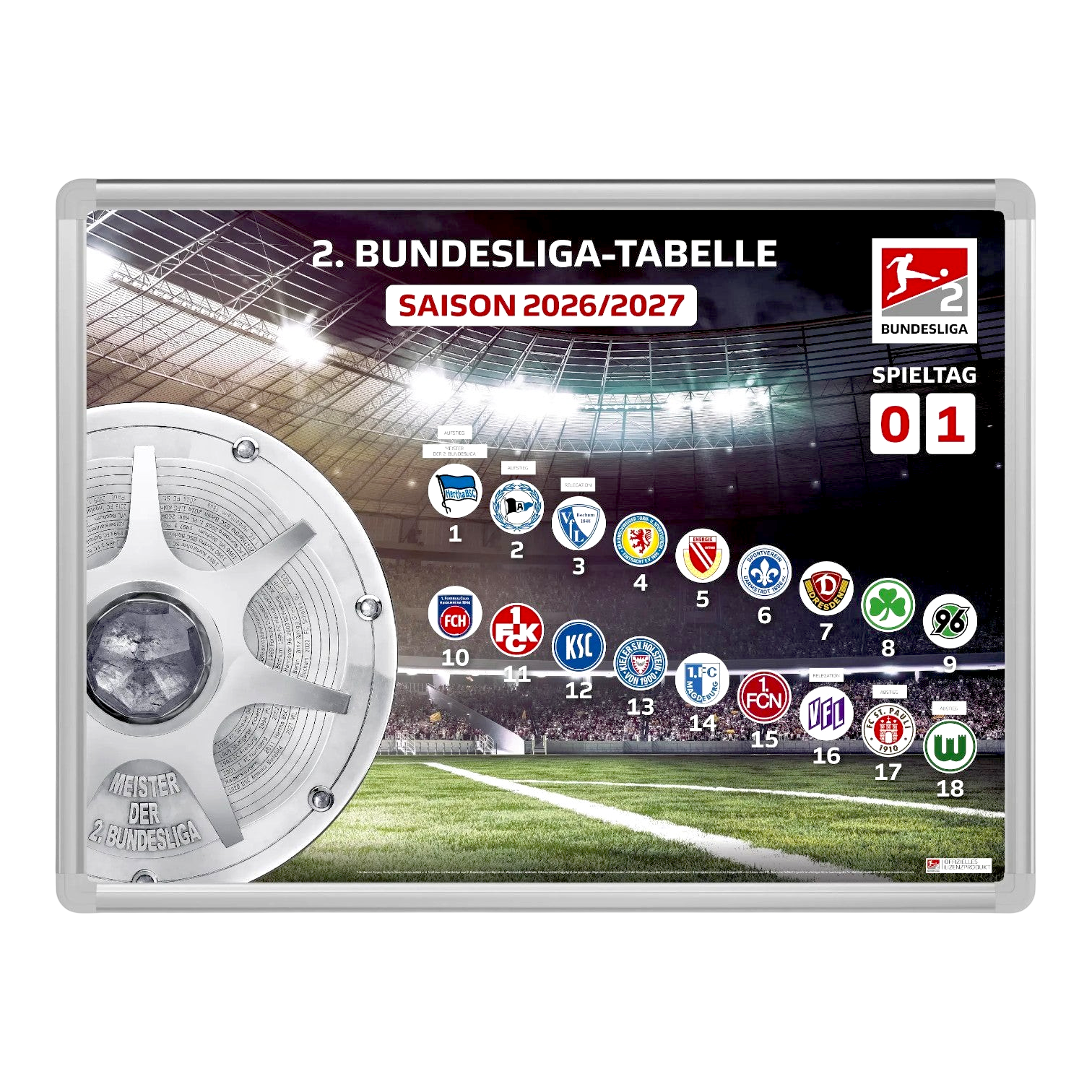Am Ball 2. Bundesliga Magnet-Tabelle 2026/2027 mit Vereinslogos und Spieltagsanzeige auf einem Stadion-Hintergrund.