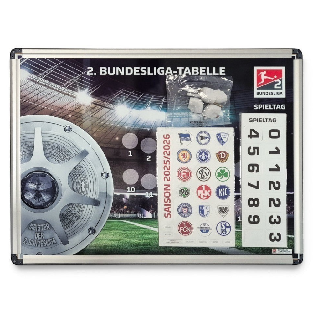 Am Ball 2. Bundesliga Magnet-Tabelle Saison 2025/26 mit Vereinslogos und Spieltagsmarkern auf einem Stadion-Hintergrund