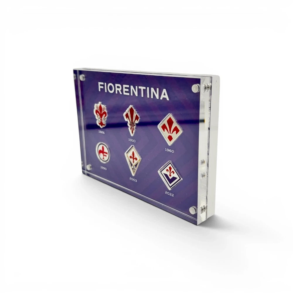 Am Ball ACF Fiorentina Acrylrahmen mit historischen Vereinslogos in Lila und Weiß
