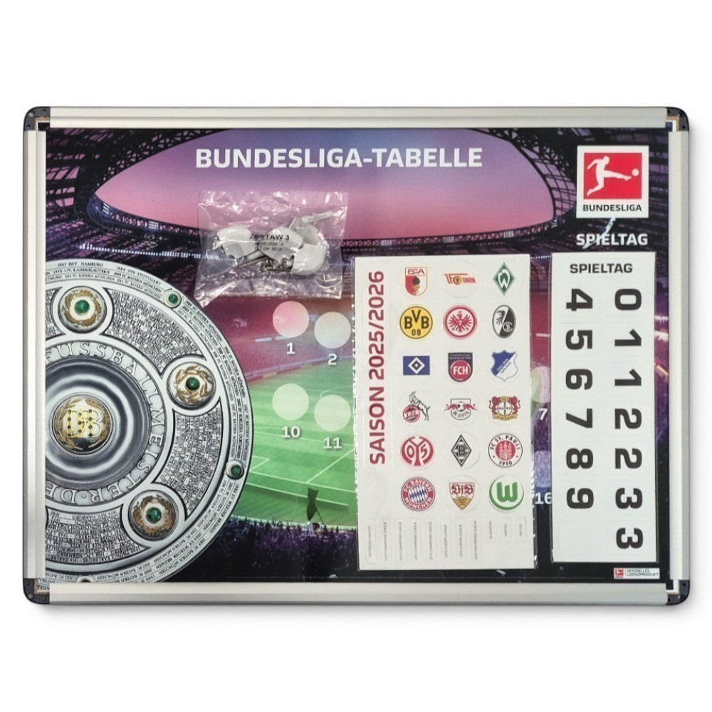 Am Ball Bundesliga Magnet Ranking Board 2025/26 mit Vereinslogos, Spieltag-Markern und Meisterschale-Design