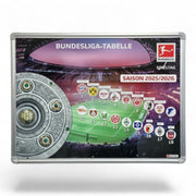 Am Ball Bundesliga Saison 2025/2026 Magnet-Rangliste mit Vereinslogos und Spieltagsmarkern auf einem Fußballstadion-Hintergrund.