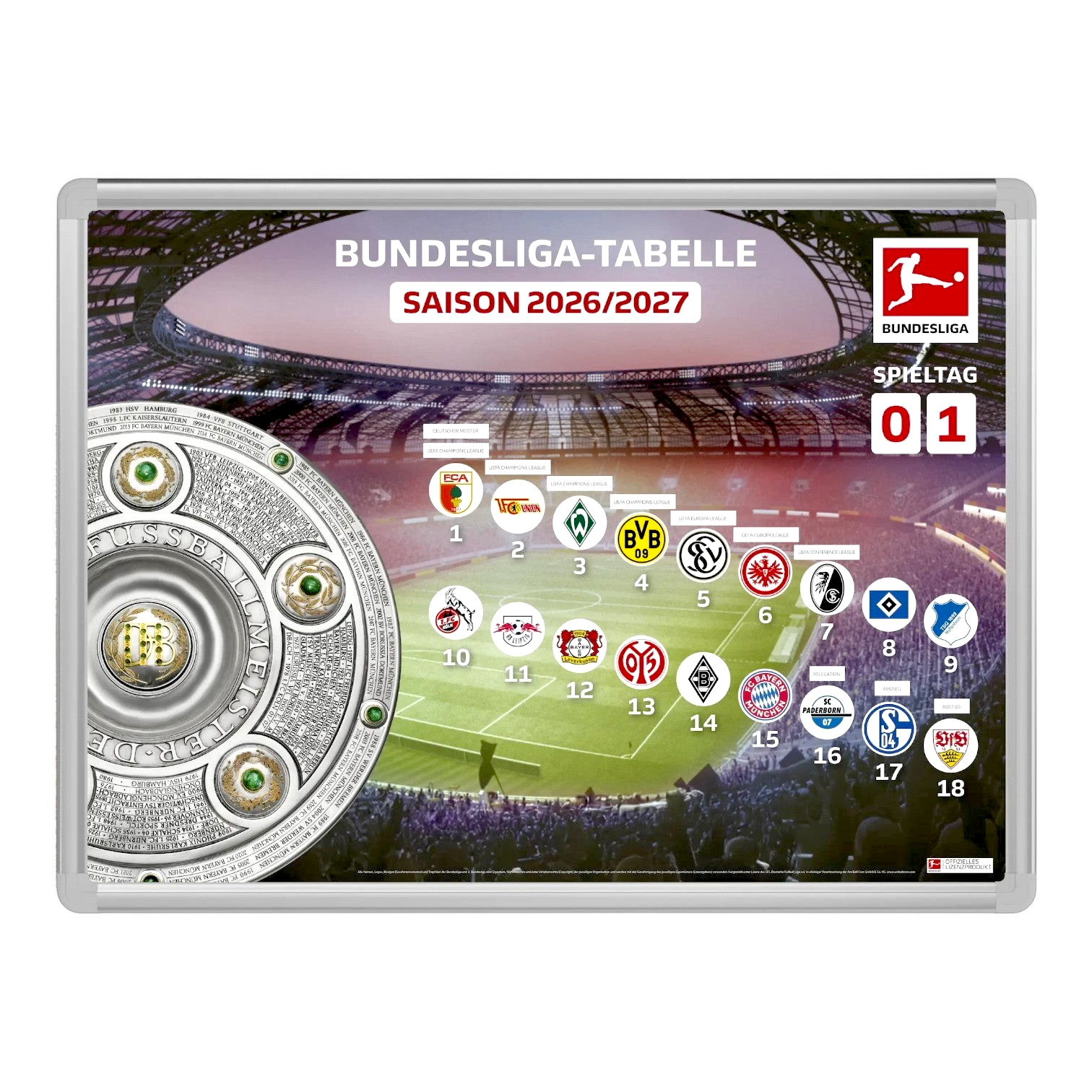 Am Ball Bundesliga Magnet-Tabelle Saison 2026/27 mit 18 Vereinsmagneten und Spieltagsanzeige auf einem Wandboard.
