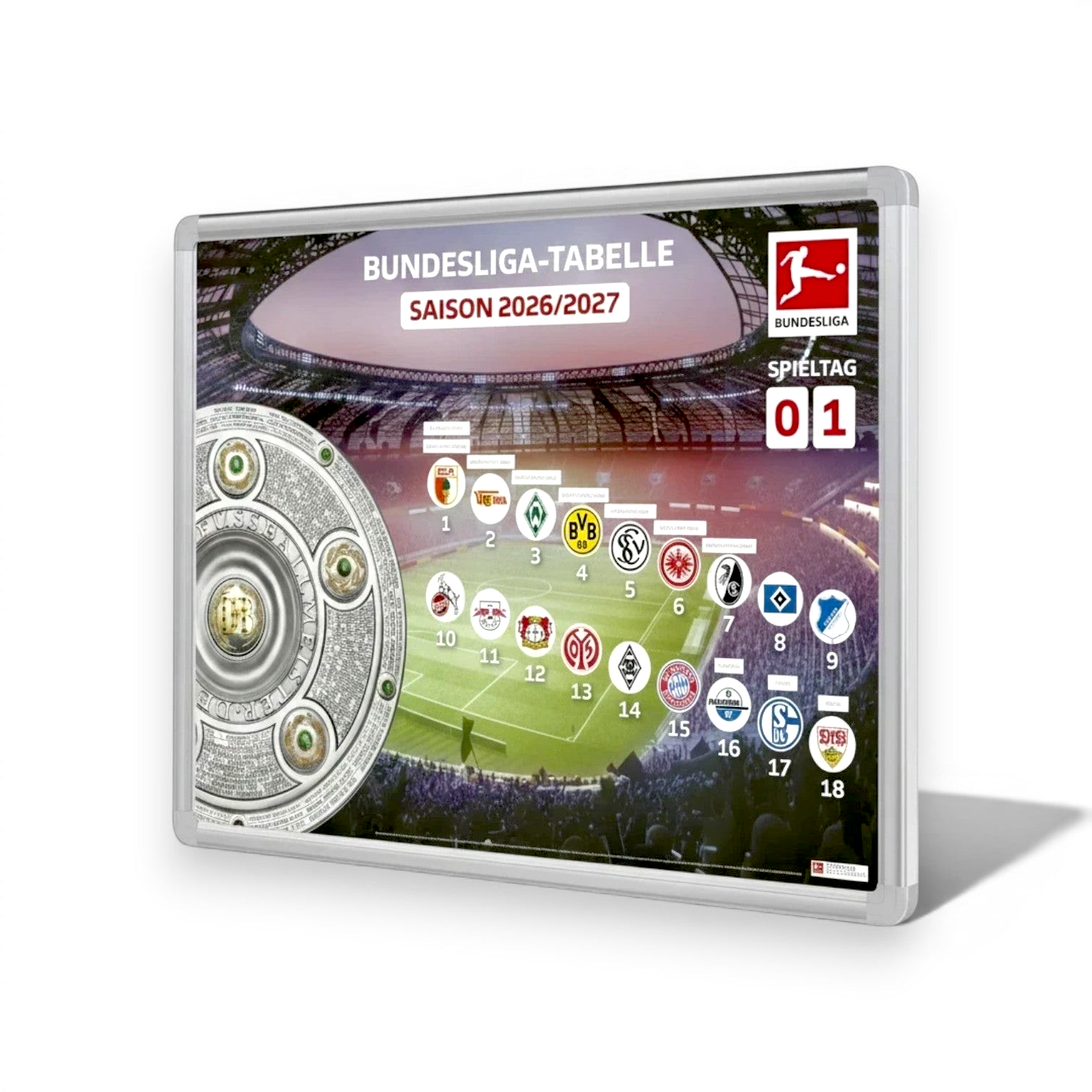 Am Ball Bundesliga Magnet-Tabelle 2026/27 mit 18 Vereinsmagneten und Spieltagsanzeige auf einem Wandboard