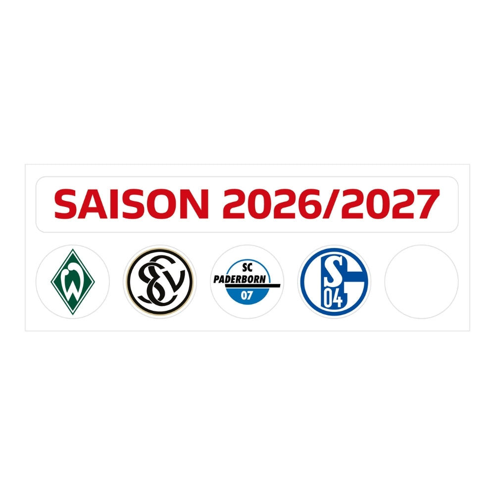 Am Ball Bundesliga Magnet-Update-Set für die Saison 2026/2027 mit Vereinswappen von Werder Bremen, Elversberg, Paderborn und Schalke 04.
