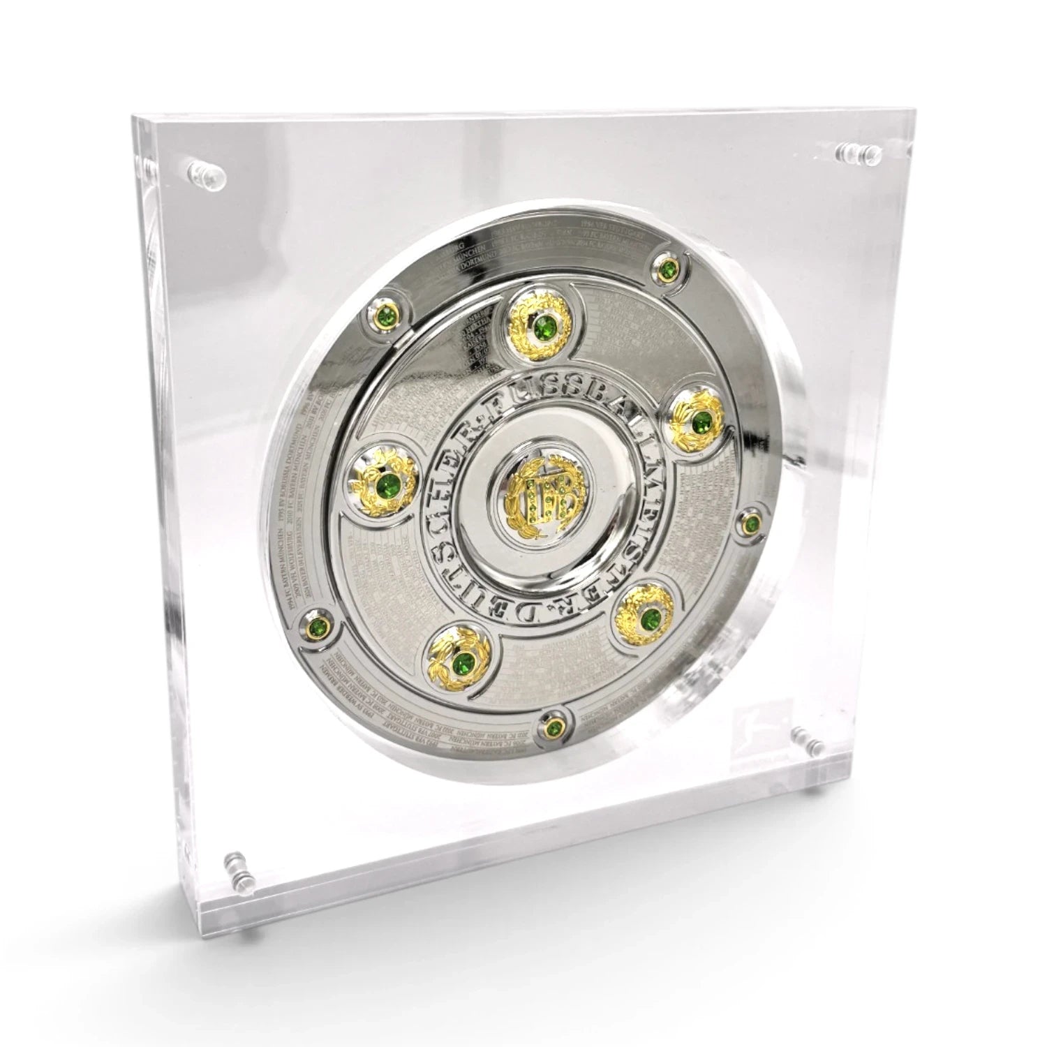 Am Ball Bundesliga Meisterschale 150 mm Replika in einer transparenten Acrylplatte für Fußballfans
