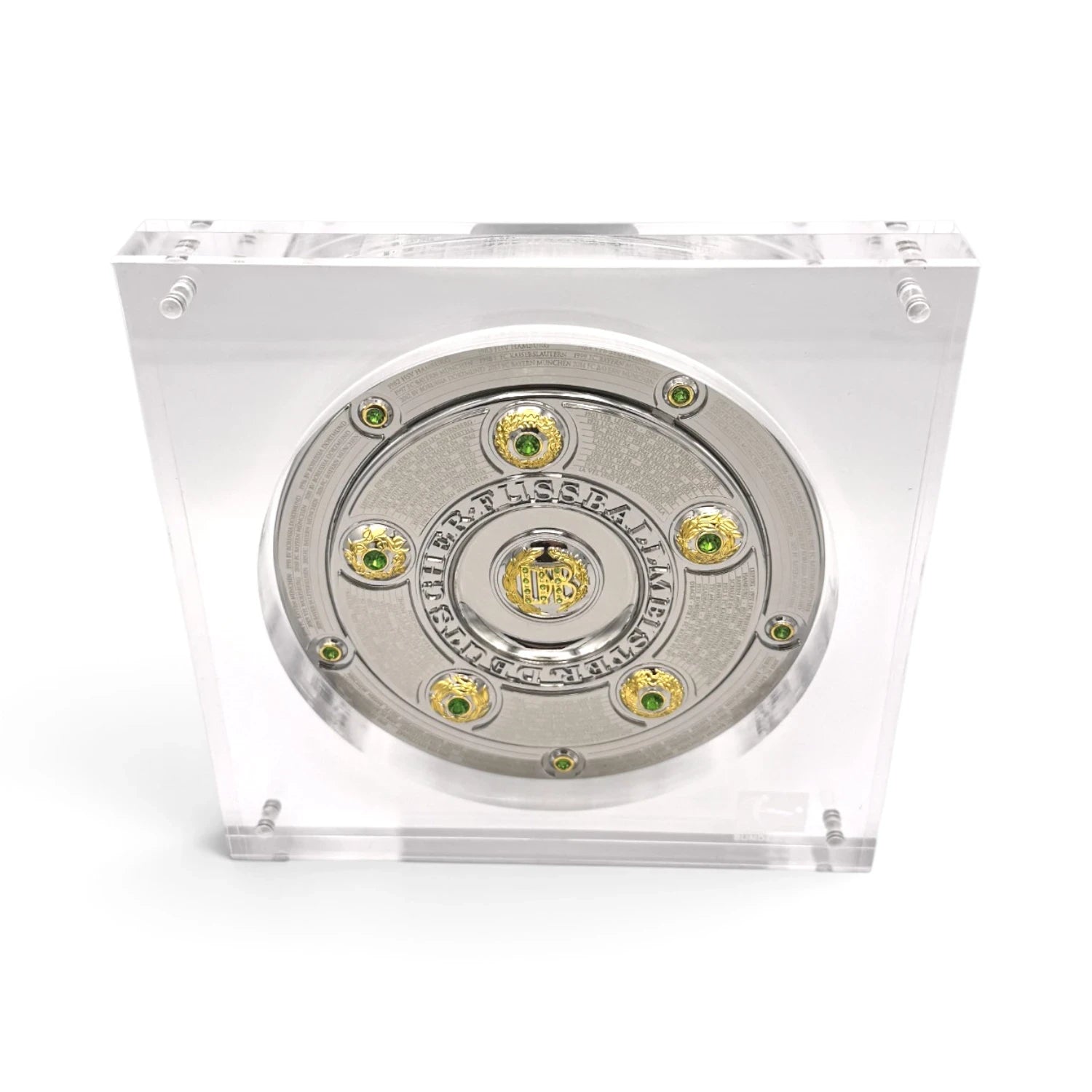 Am Ball Bundesliga Meisterschale 150 mm Replika in einer transparenten Acrylplatte für Fußballfans