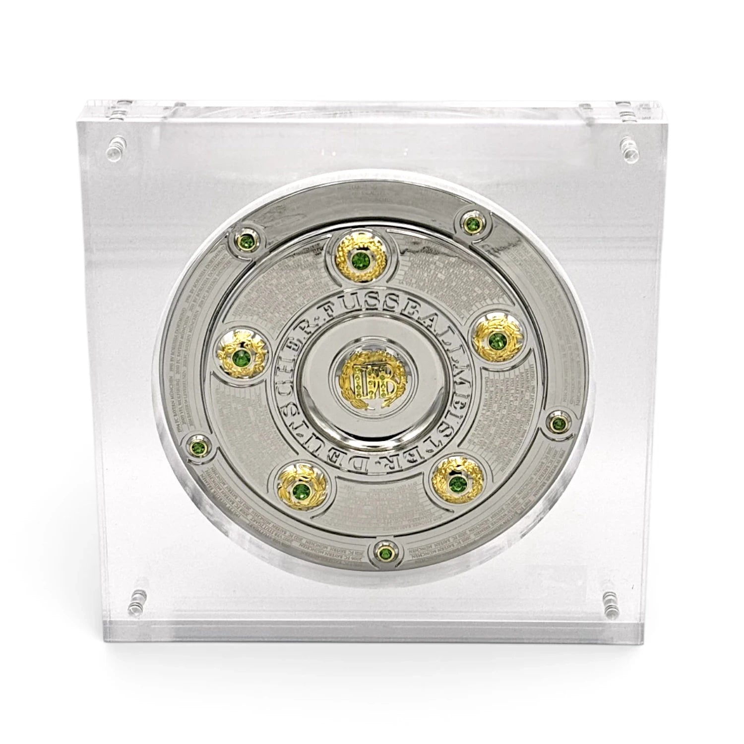 Am Ball Bundesliga Meisterschale 150 mm Replika in einer transparenten Acrylglas-Vitrine für Fußballfans