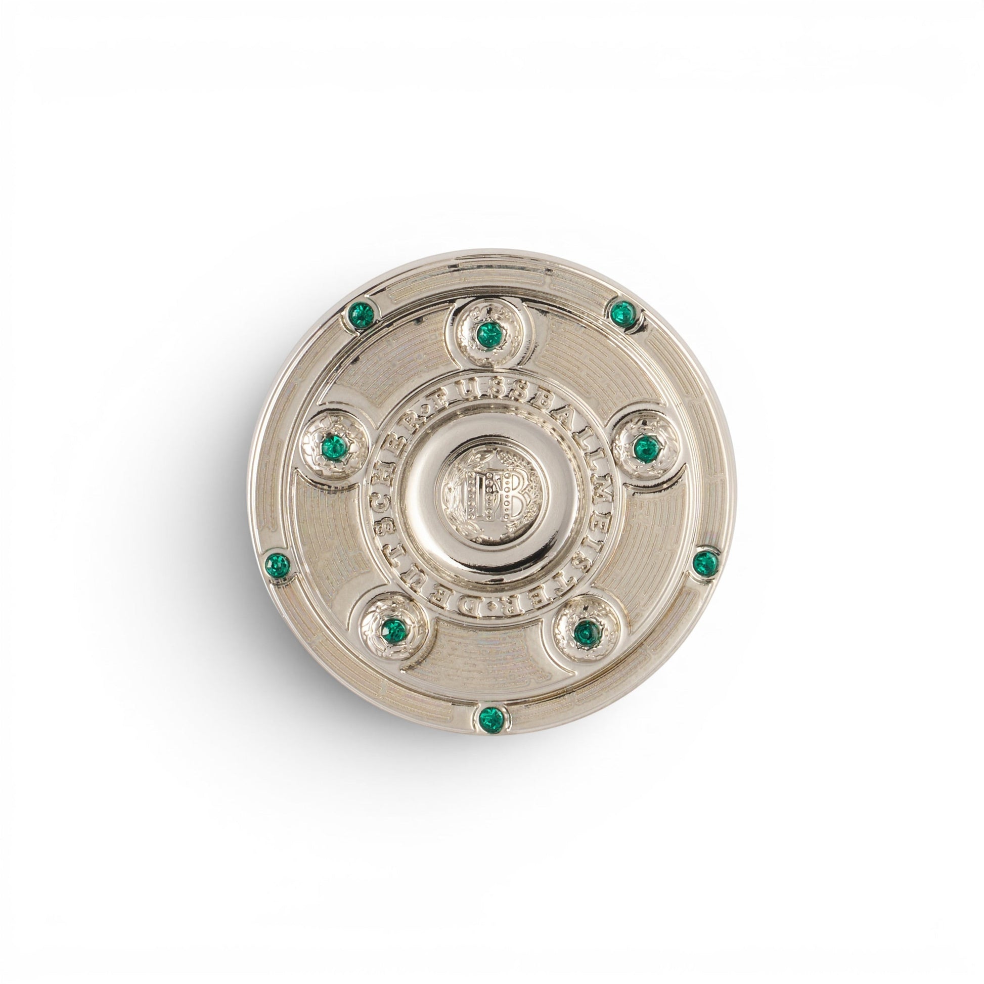 Am Ball Bundesliga Meisterschale Pin Anstecker aus Zamak mit grünen Steinen, Miniatur-Trophäe