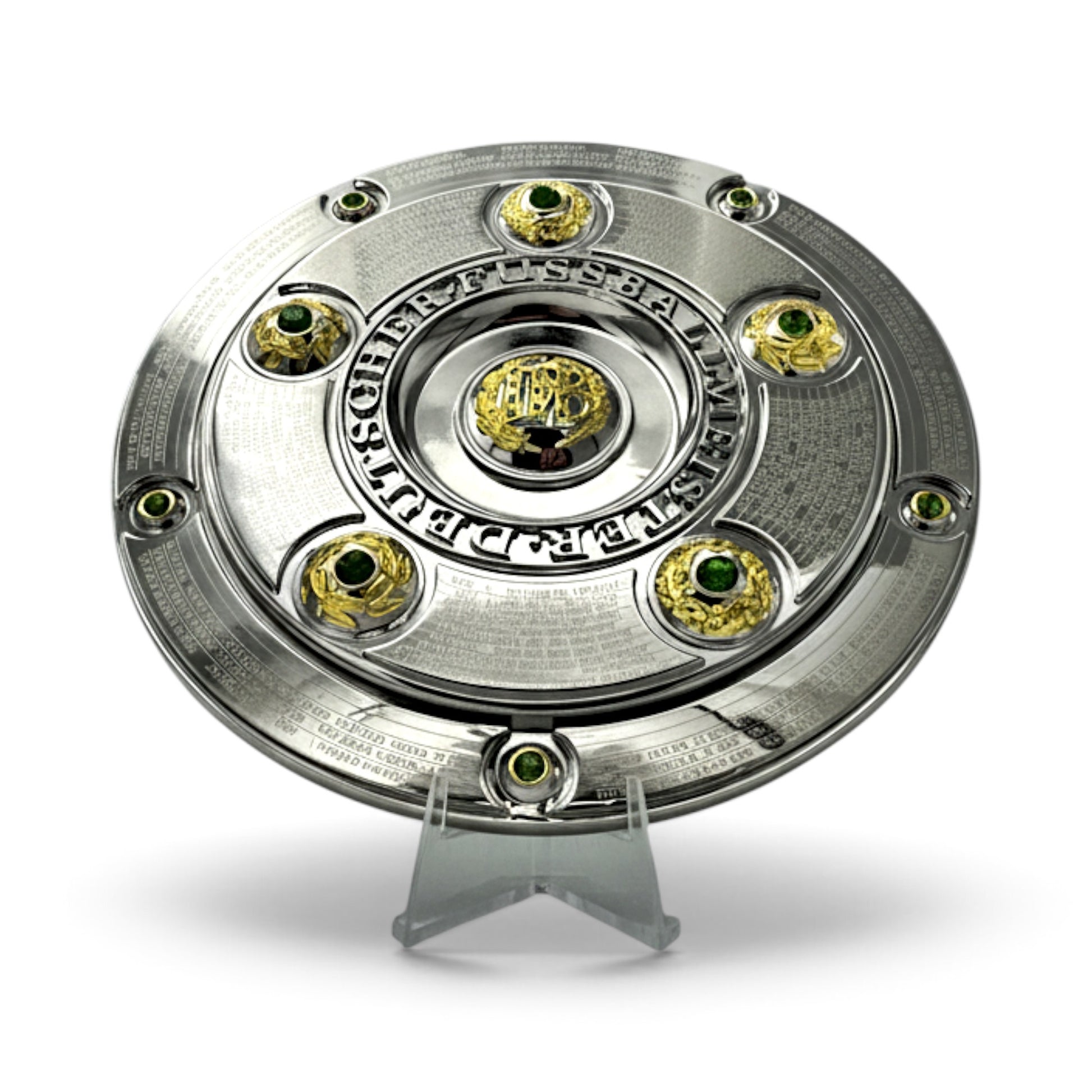 Am Ball 150mm Bundesliga Meisterschale Replik mit detaillierten Gravuren und goldenen Akzenten auf einem Ständer