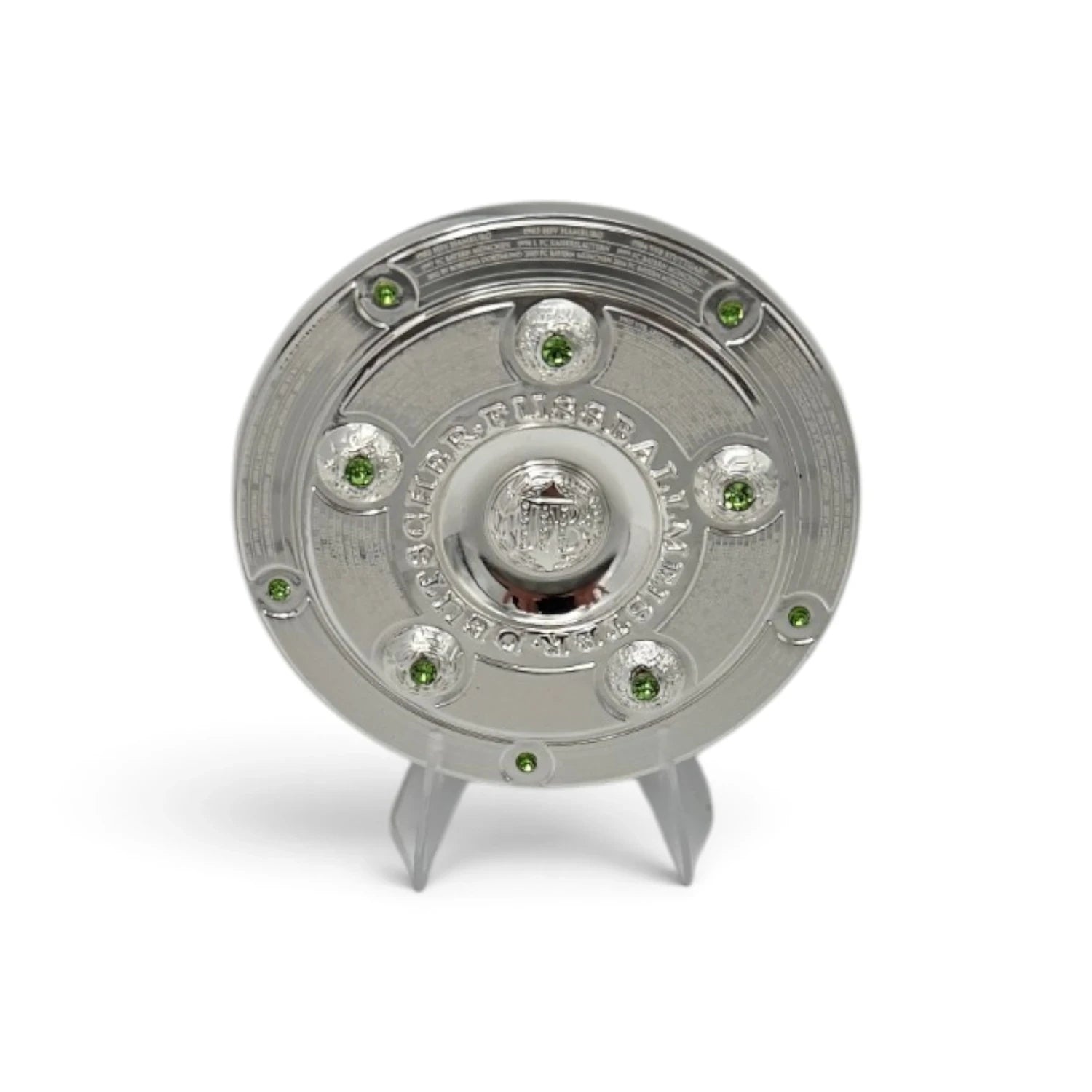 Am Ball 70mm Meisterschale Replik der Bundesliga Meisterschale mit grünen Schmucksteinen auf Kunststoffständer