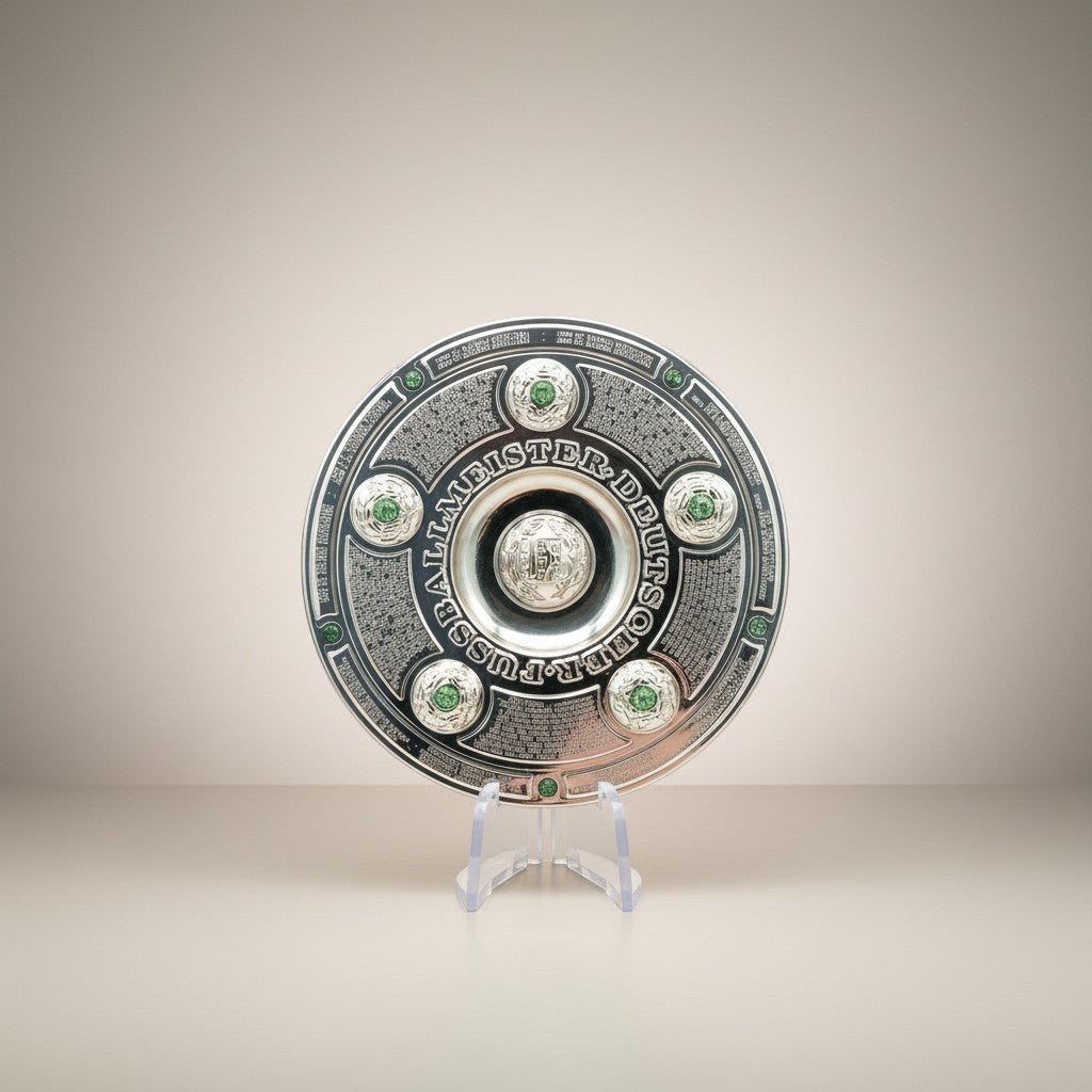Am Ball Bundesliga Meisterschale 70mm Replica aus Zamak mit Gravuren und grünen Steinen, inklusive Ständer.