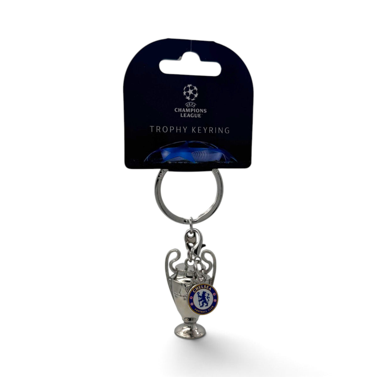 Am Ball UEFA Champions League Pokal-Schlüsselanhänger aus Zamak mit Chelsea FC Logo-Anhänger auf offizieller Karte