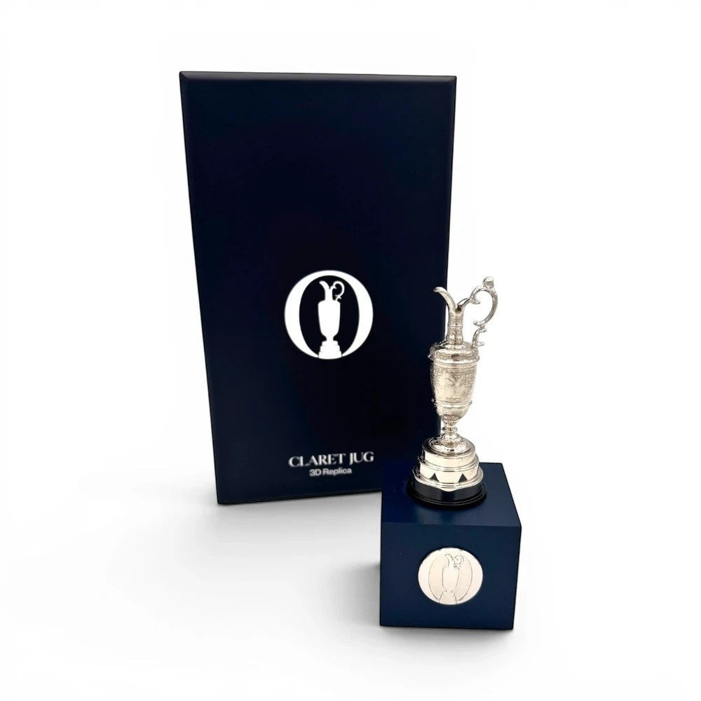 Am Ball The Open Trophy 70 mm Claret Jug Replik auf blauem Acrylsockel mit passender Geschenkbox