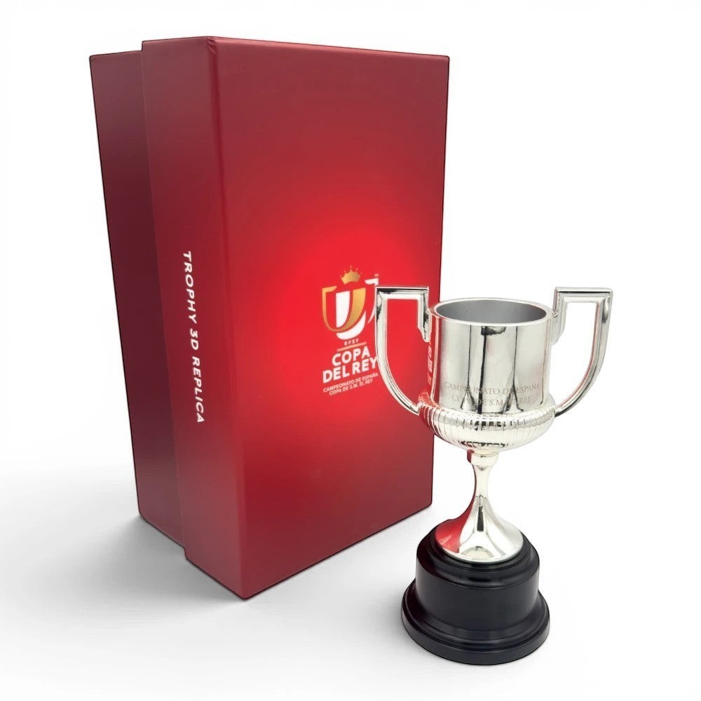 Am Ball Copa del Rey Pokal-Replik aus Zamak und Holz, 150 mm, mit schwarzem Sockel und roter Geschenkbox.