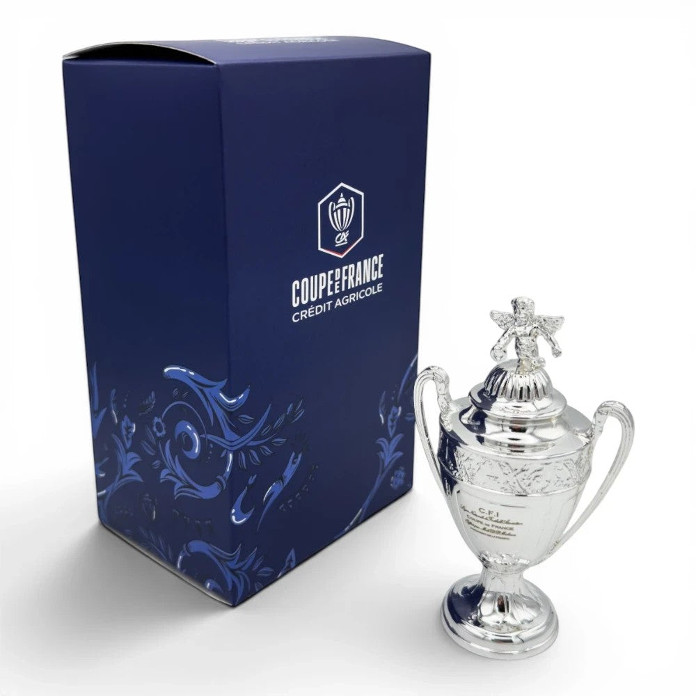 Coupe de France Trophäen-Nachbildung aus Zamak, 100 mm hoch, neben der offiziellen blauen Geschenkbox.