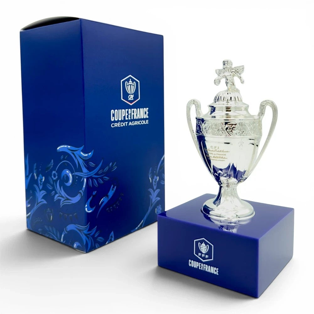 Coupe de France Trophäennachbildung aus Zamak auf blauem Acrylsockel mit passender Geschenkbox