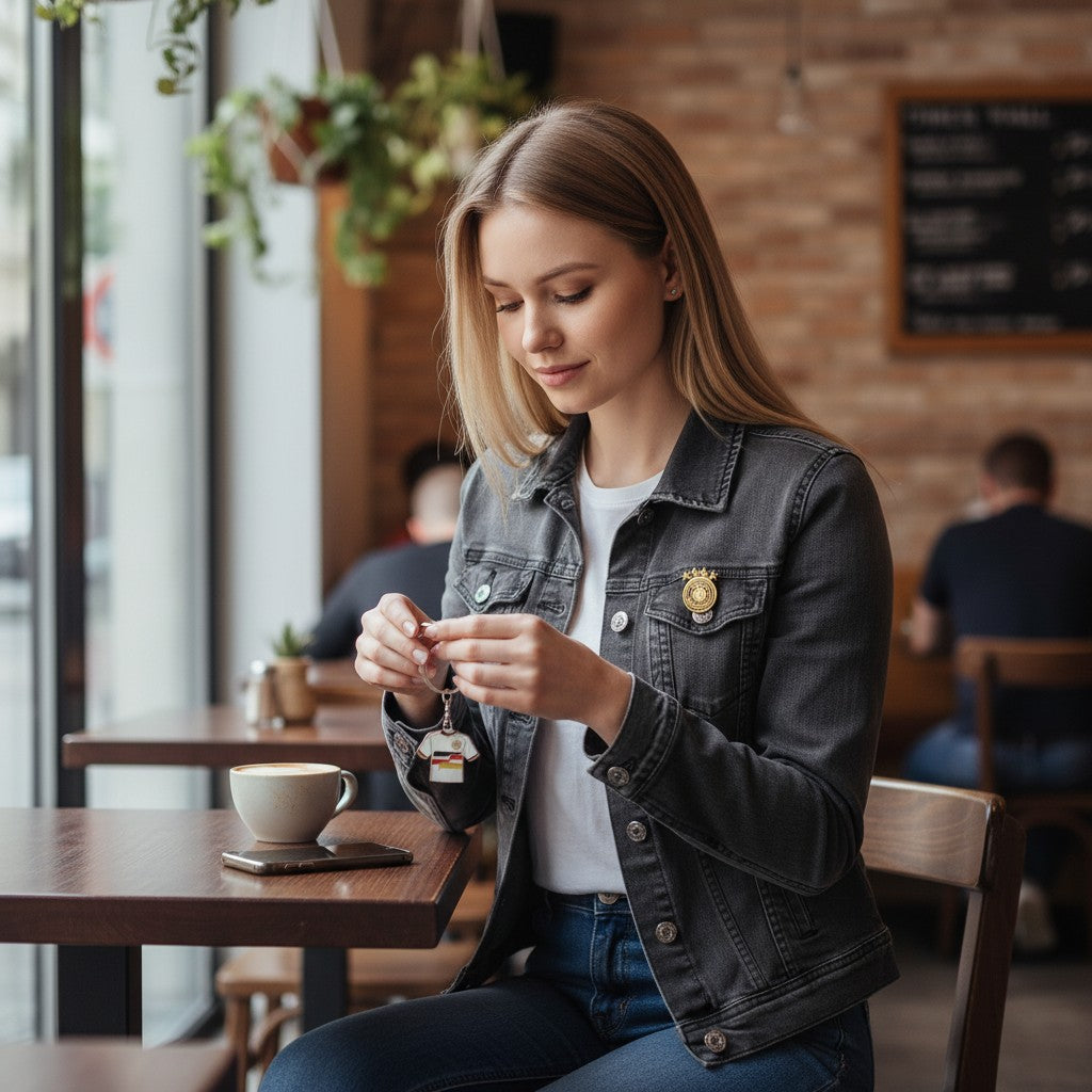 Am Ball DFB Fanset mit Trikot-Schlüsselanhänger und Verbands-Pin an einer Jeansjacke in einem Café
