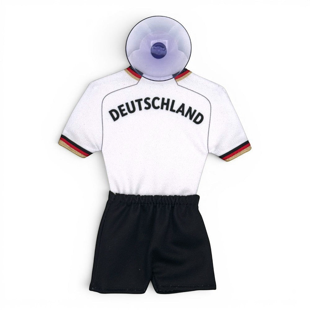 Am Ball DFB Mini-Trikot Set mit Saugnapf, weißes Trikot mit Deutschland-Schriftzug und schwarze Shorts für Fans