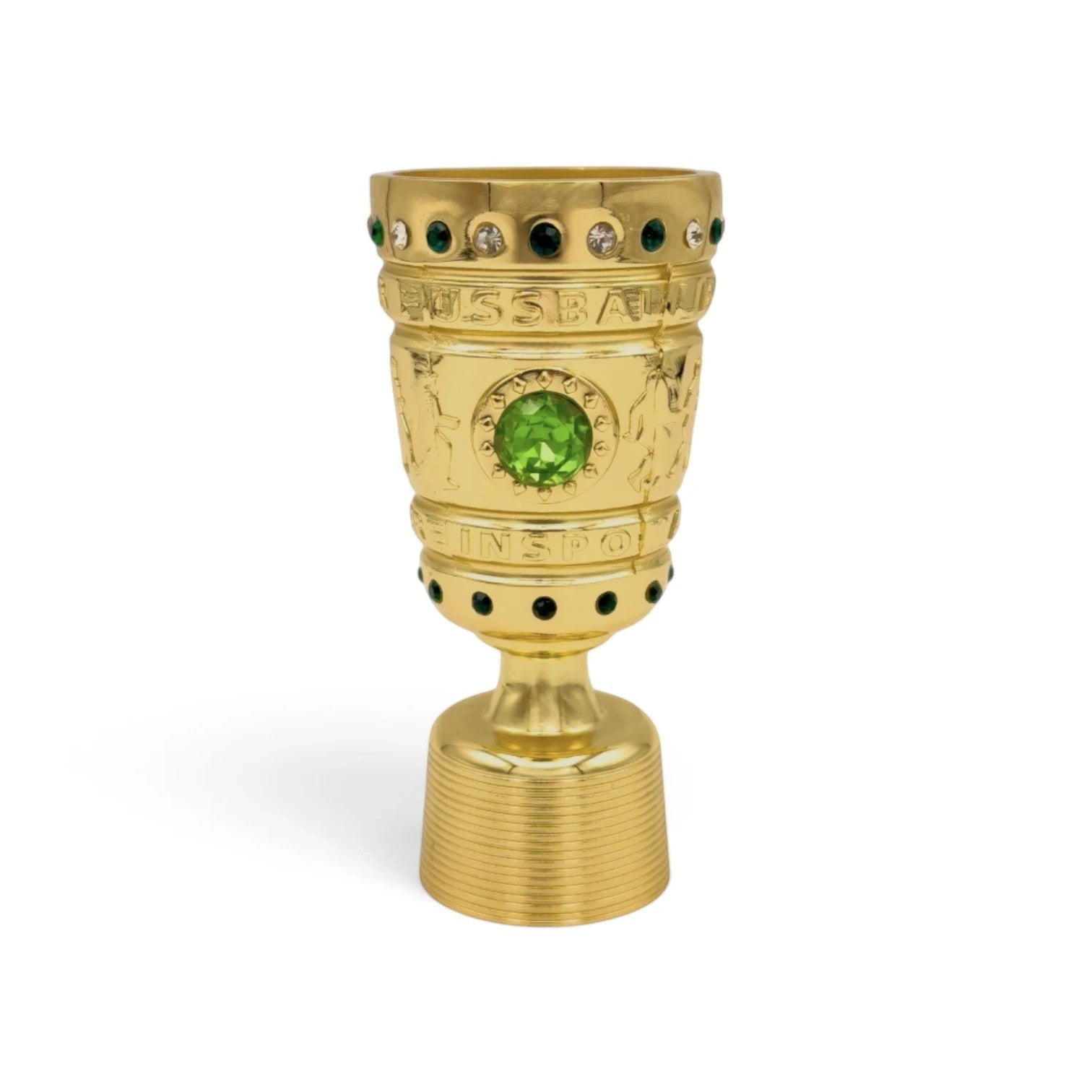 Am Ball DFB-Pokal Trophäen-Nachbildung aus goldfarbenem Metall mit grünen Schmucksteinen, 100 mm groß
