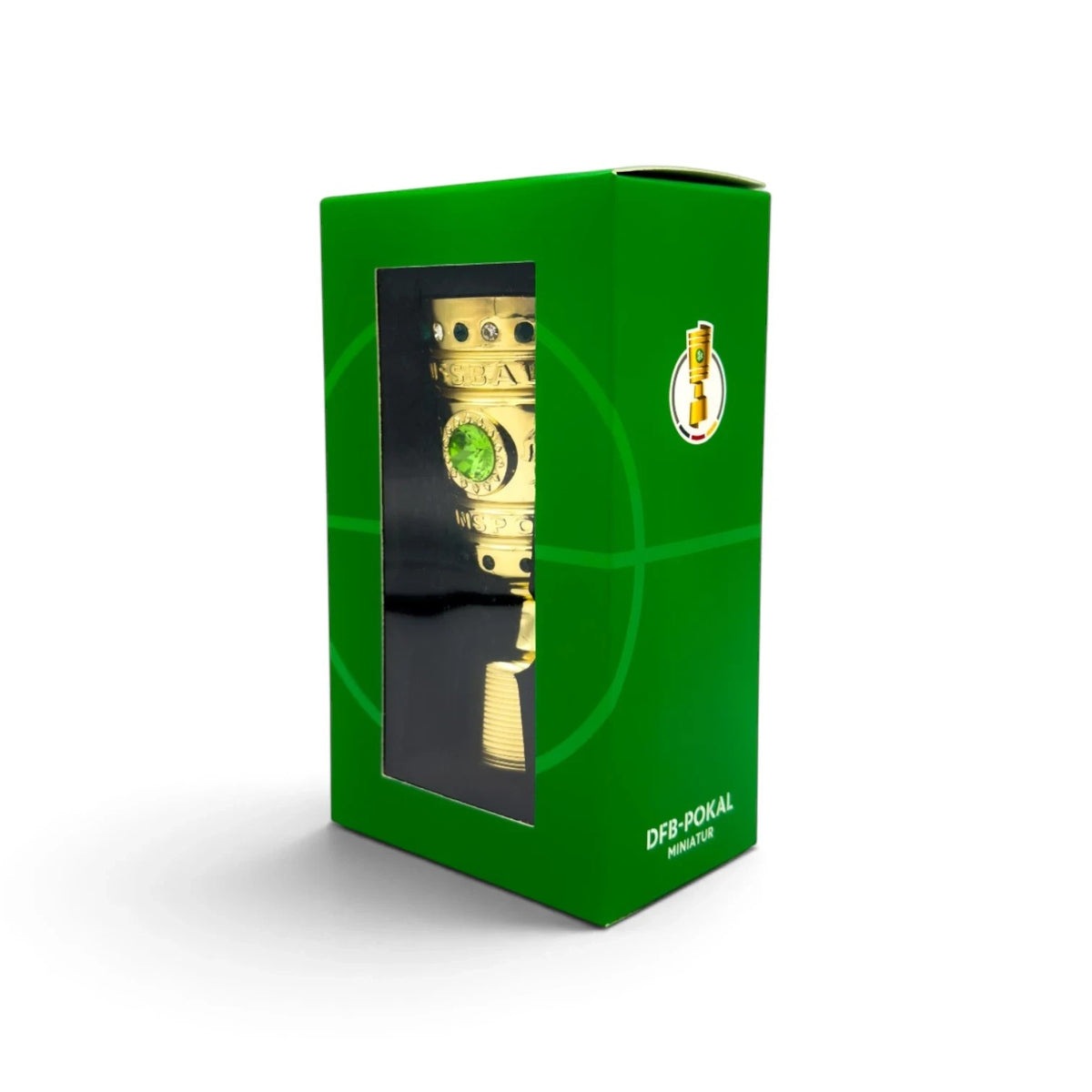 Am Ball DFB-Pokal Trophäen-Nachbildung 100 mm in grüner Geschenkverpackung mit Sichtfenster