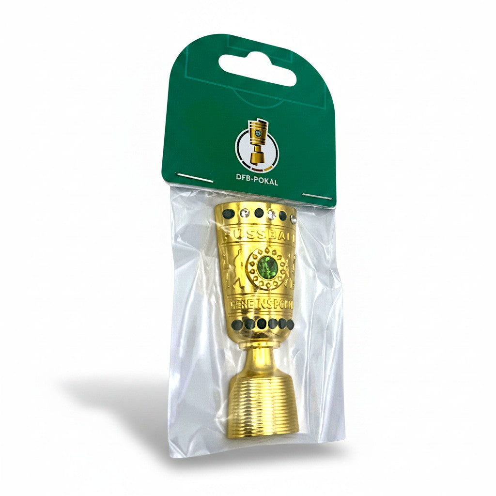 Am Ball DFB-Pokal Trophäen-Magnet aus Zamak in goldener Optik, 70 mm groß, originalgetreue Nachbildung in Verpackung