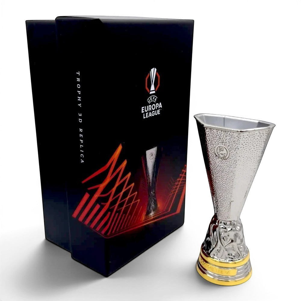 Am Ball UEFA Europa League Trophäen-Replik aus Zamak, 150 mm, silberfarben mit goldenem Sockel. Ideal für Fans und Sammler.