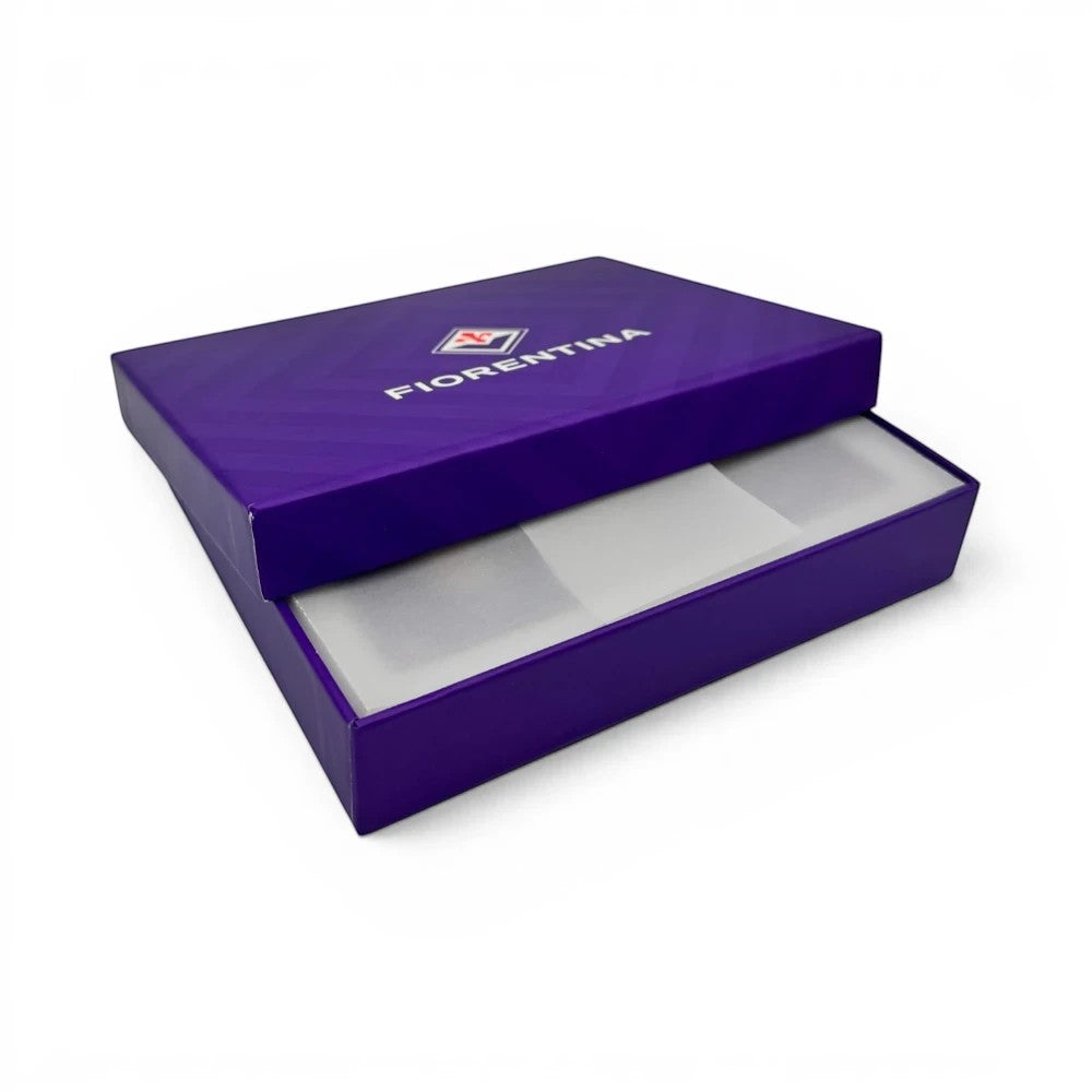 Am Ball ACF Fiorentina Acrylrahmen mit historischen Logos in violetter Geschenkbox