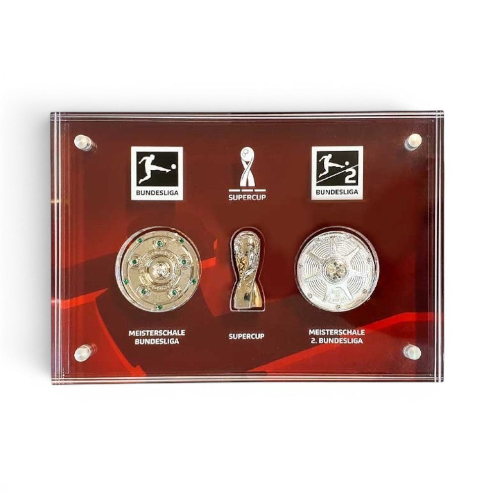 Deutsche Fußball-Trophäen-Kollektion aus Zamak und Acryl mit Meisterschale, Supercup und 2. Bundesliga Meisterschale.