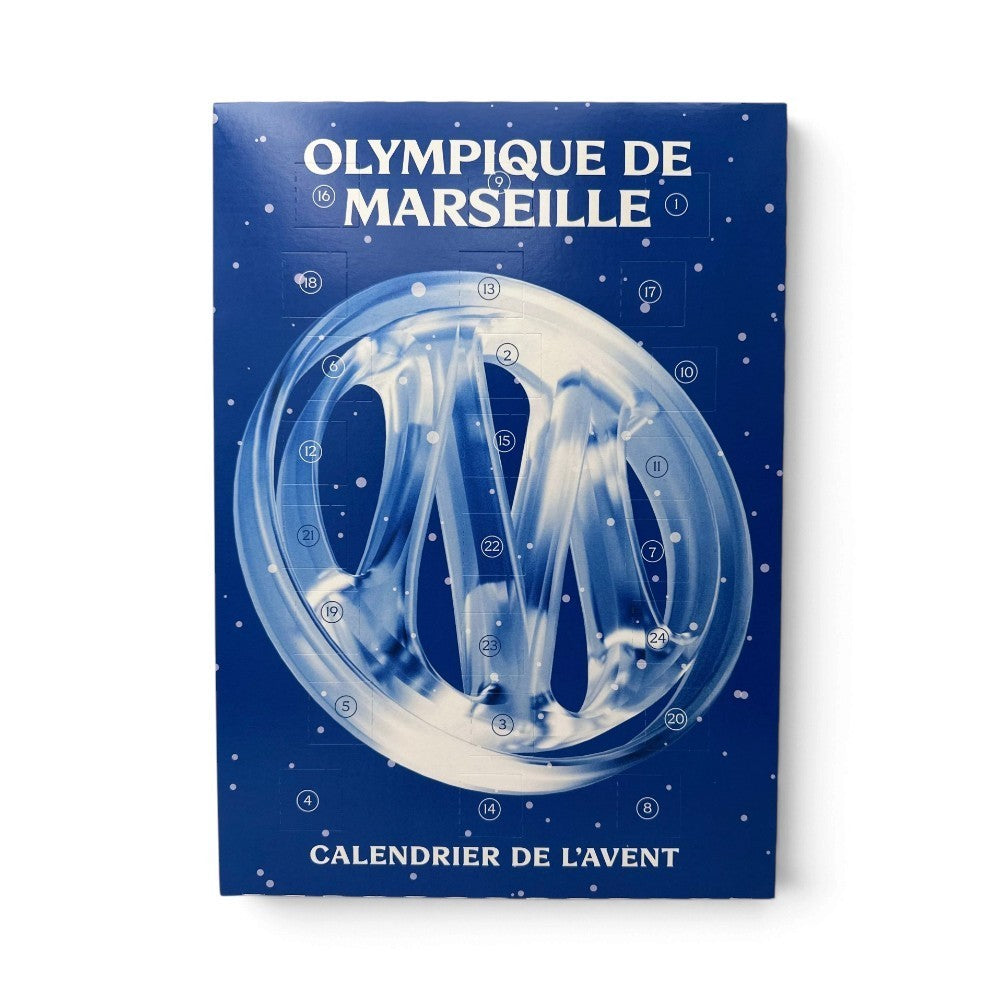 Am Ball Olympique de Marseille Adventskalender 2026 in Blau mit weißem Vereinslogo und Schneeflocken-Design