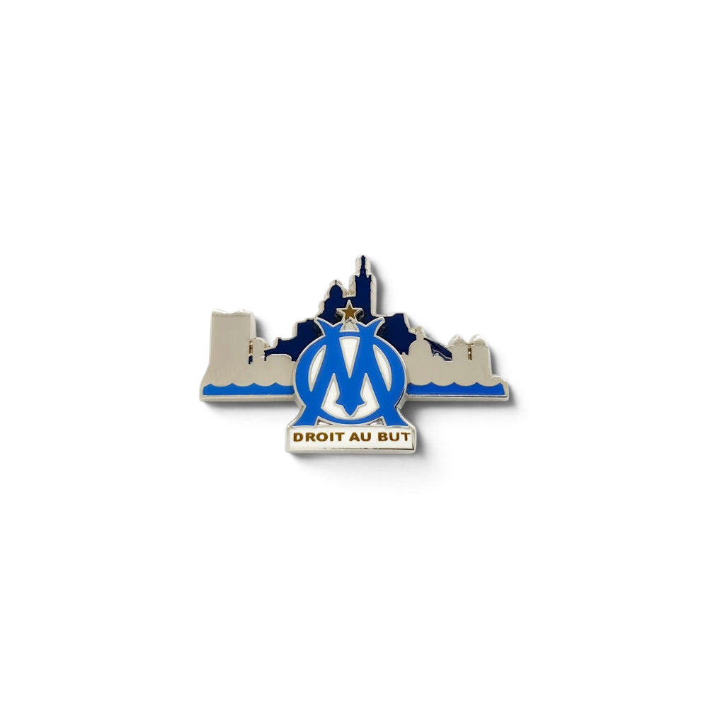 Am Ball Olympique de Marseille Anstecknadel aus Zamac mit Vereinslogo und Skyline von Marseille in Blau und Silber