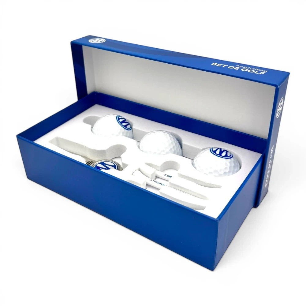 Am Ball Olympique de Marseille Golfset mit drei Bällen, drei Tees und einem Divot-Tool in einer blauen Geschenkbox