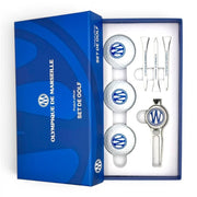 Am Ball Olympique de Marseille Golfset mit drei Bällen, Tees und Pitchgabel in blauer Geschenkbox
