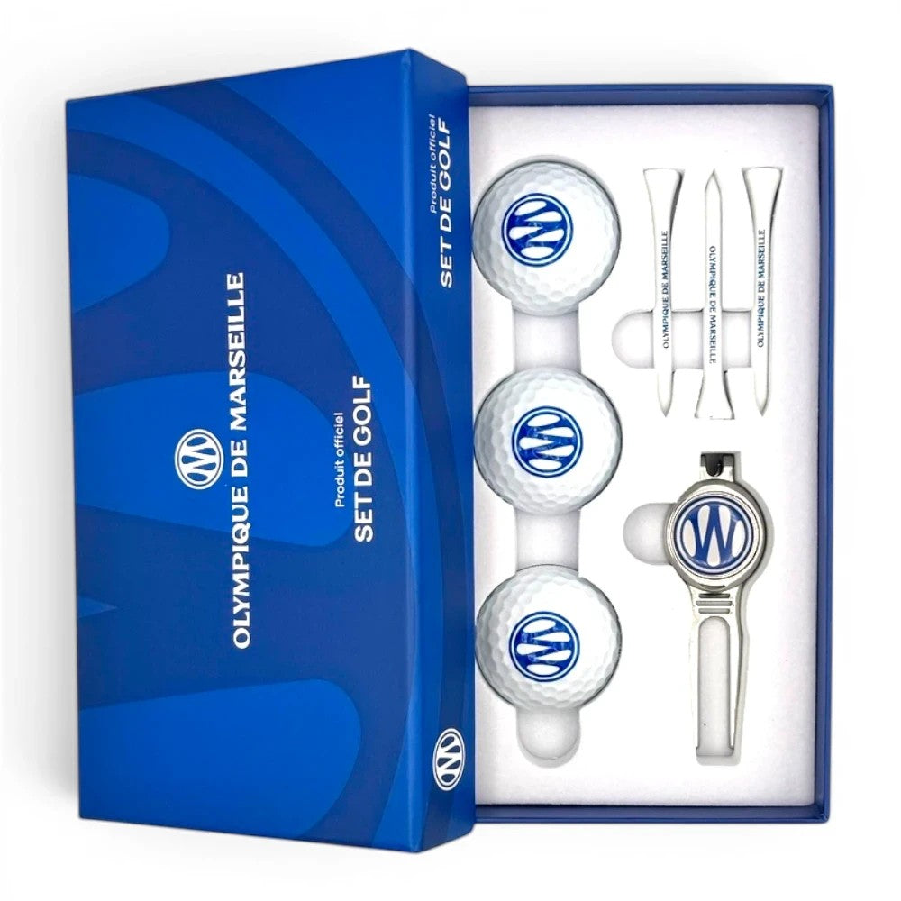 Am Ball Olympique de Marseille Golfset mit drei Bällen, Tees und Pitchgabel in blauer Geschenkbox